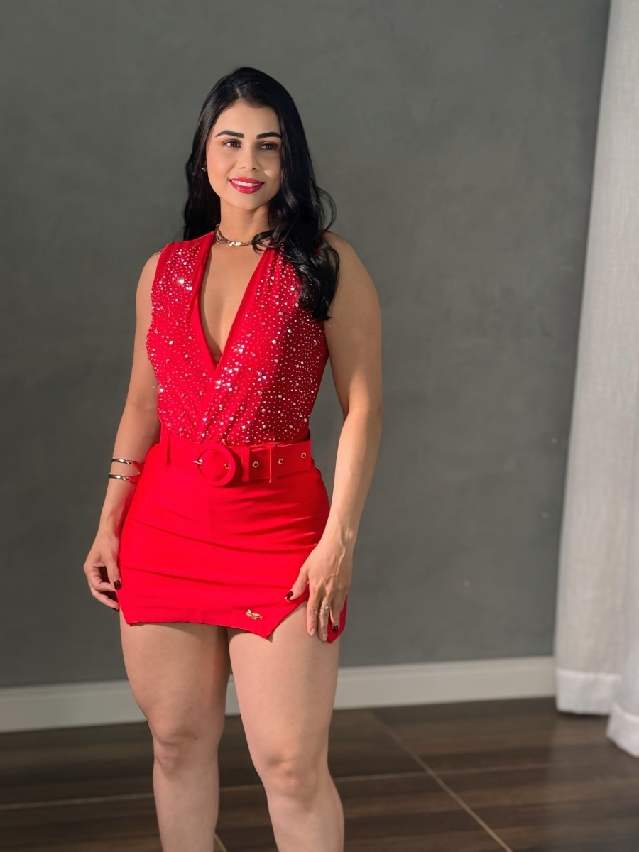 Body Tule com Brilho manga curta | Decote V, Bojo - Preciosa by Catiuse Daniela