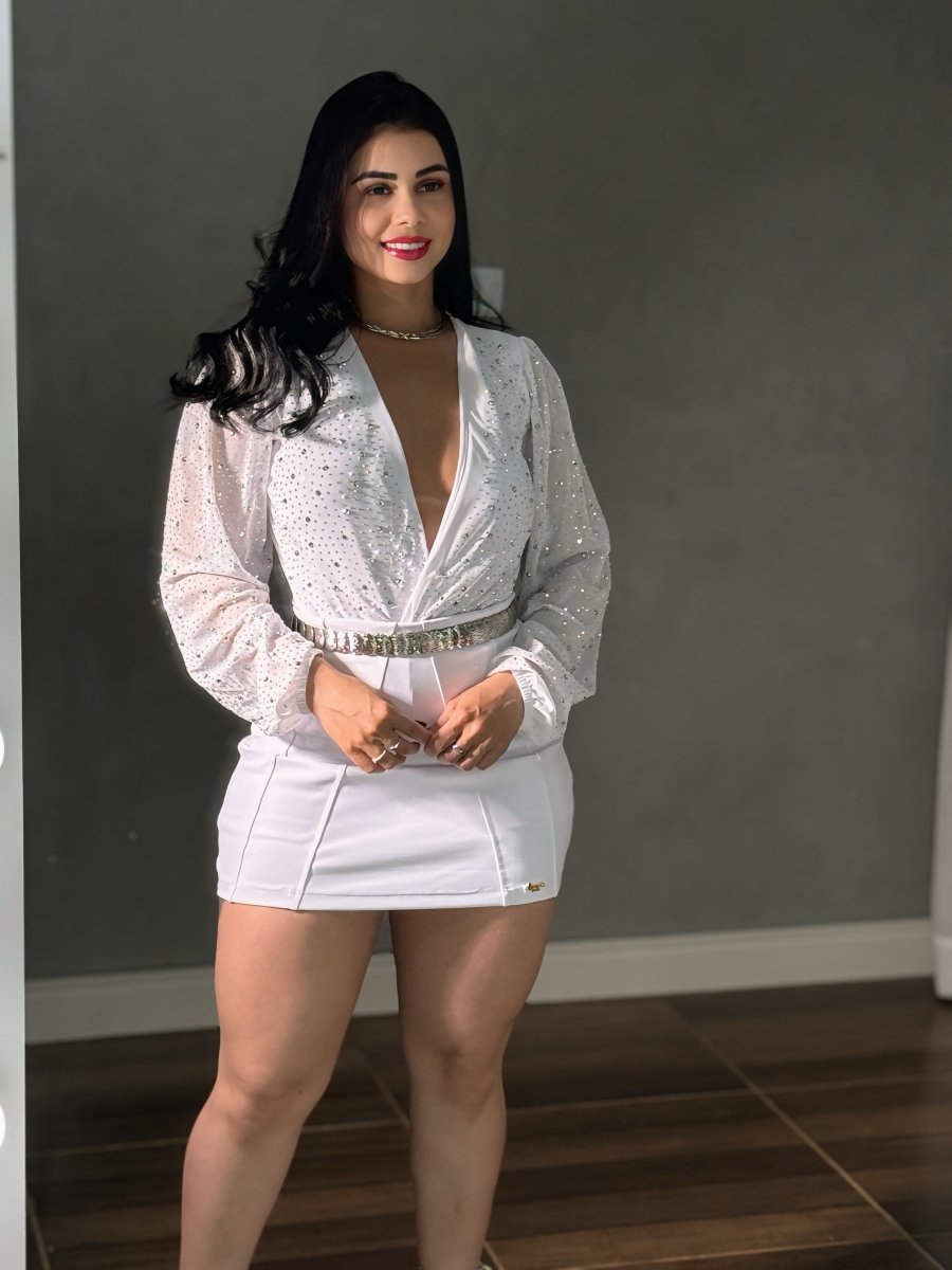 Body tule com brilho manga longa Cristal (preto, branco, vermelho) - Preciosa by Catiuse Daniela