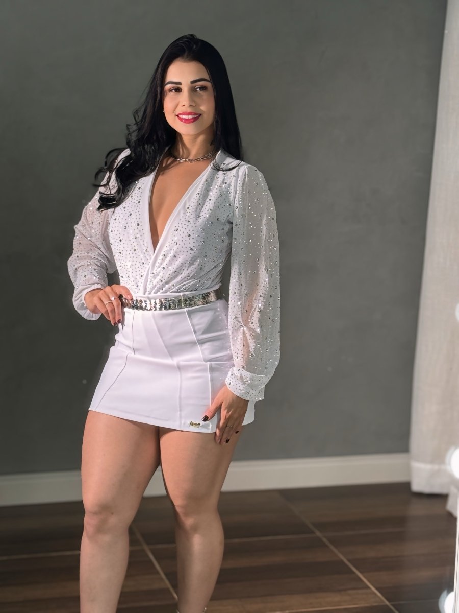 Body tule com brilho manga longa Cristal (preto, branco, vermelho) - Preciosa by Catiuse Daniela