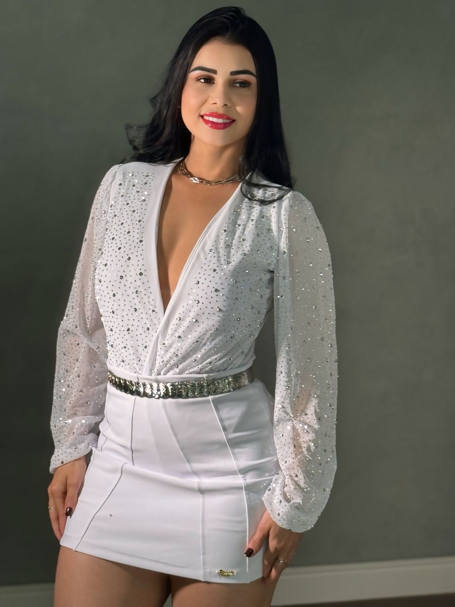 Body tule com brilho manga longa Cristal (preto, branco, vermelho) - Preciosa by Catiuse Daniela