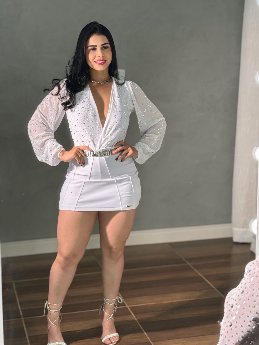 Body tule com brilho manga longa Cristal (preto, branco, vermelho) - Preciosa by Catiuse Daniela