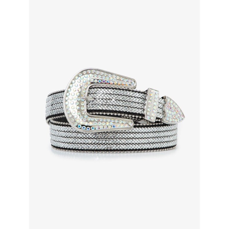 "Cinto country feminino luxuoso com fivela cravejada de strass, detalhe principal prata