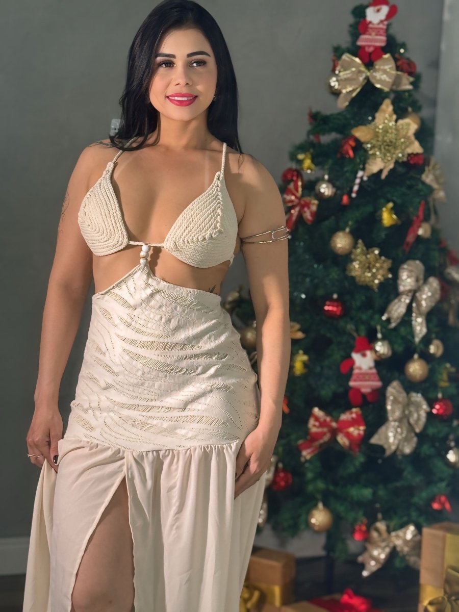 Vestido Longo Crochê e Malha | Fenda, Mousseline de Seda e Design Cut - Ou - Preciosa by Catiuse Daniela