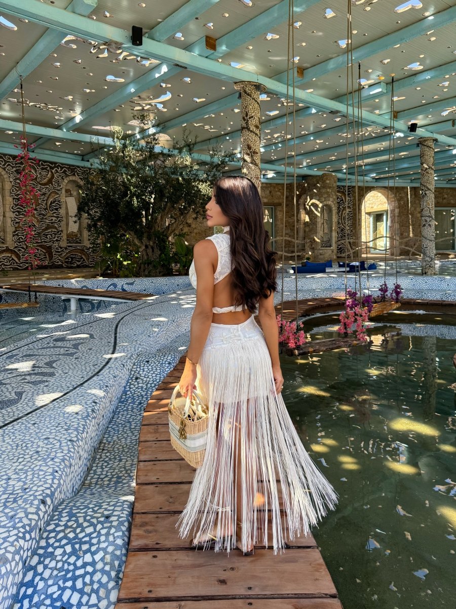 Vestido Longo Franjas Santorini | Moda Resort, Cut - Out e Crochê - Preciosa by Catiuse Daniela