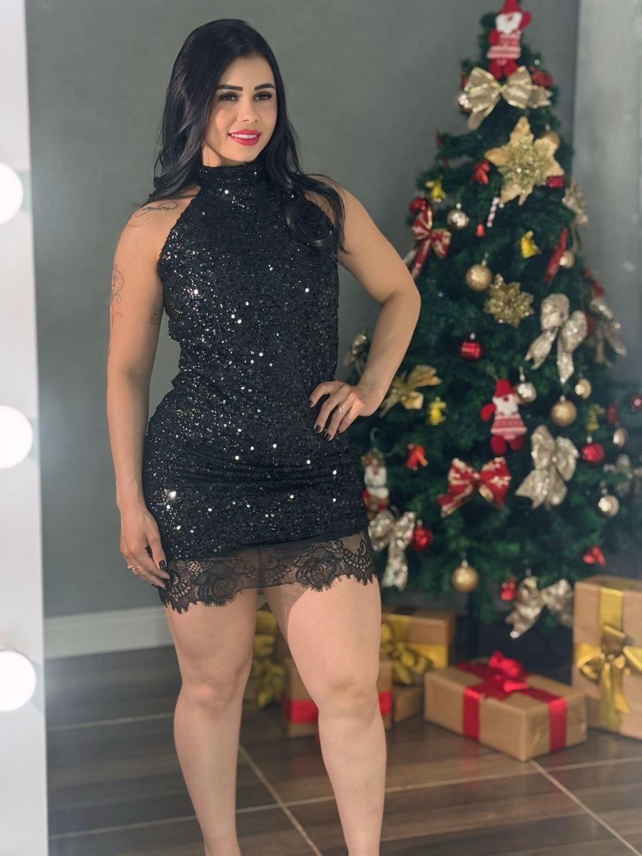 Vestido Paetê Gola Alta e Costa Nua | Renda Chantili e Brilho Luxo - Preciosa by Catiuse Daniela