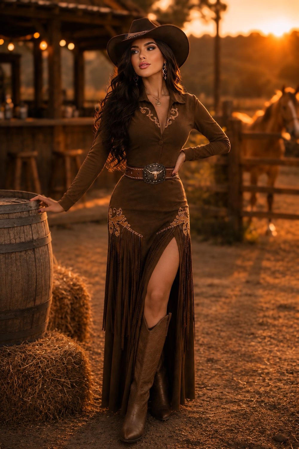 Conjunto Western Arizona Luxo | Cropped Blazer com Botões e Saia Longa de Suede Scuba com Bordados e Corrente de Strass