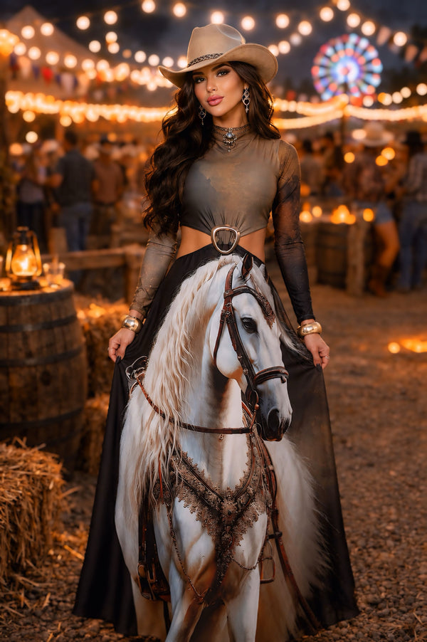 Vestido Longo Western Arizona | Tecido Fluity Poliamida Manga Longa com Bojo e Estampa Cavalo Branco