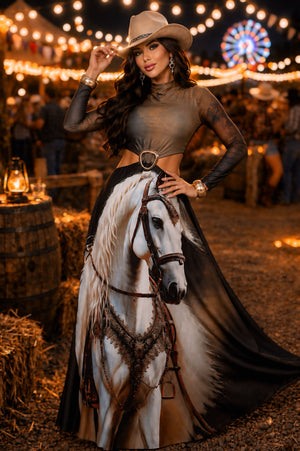 Vestido Longo Western Arizona | Tecido Fluity Poliamida Manga Longa com Bojo e Estampa Cavalo Branco