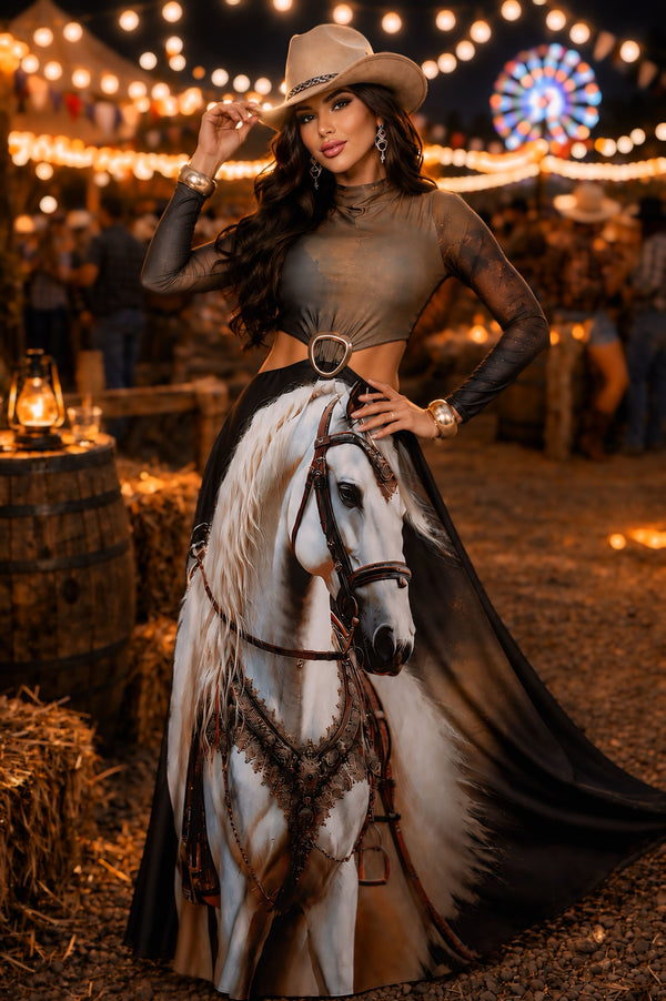 Vestido Longo Western Arizona | Tecido Fluity Poliamida Manga Longa com Bojo e Estampa Cavalo Branco
