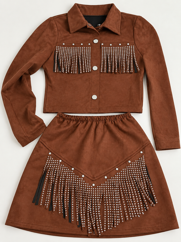 Conjunto Western Luana em Suede Marrom | Jaqueta Cropped com Botões Fake, Franjas em Strass e Saia com Cós de Elástico