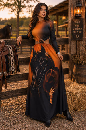 Vestido Western Chic Cavalo de Fogo em Poliamida Fluity | Modelo Longo Manga Longa com Argola Central, Recorte Cut-Out, Bojo e Estampa Exclusiva