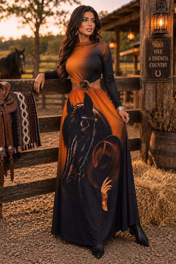 Vestido Western Chic Cavalo de Fogo em Poliamida Fluity | Modelo Longo Manga Longa com Argola Central, Recorte Cut-Out, Bojo e Estampa Exclusiva