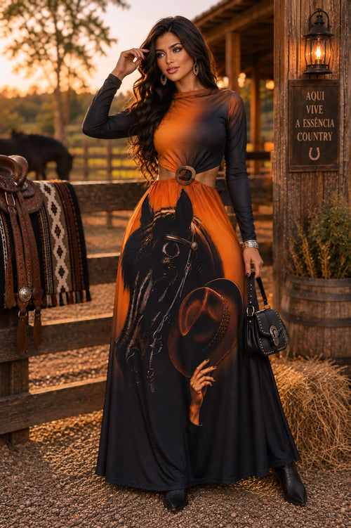 Vestido Western Chic Cavalo de Fogo em Poliamida Fluity | Modelo Longo Manga Longa com Argola Central, Recorte Cut-Out, Bojo e Estampa Exclusiva