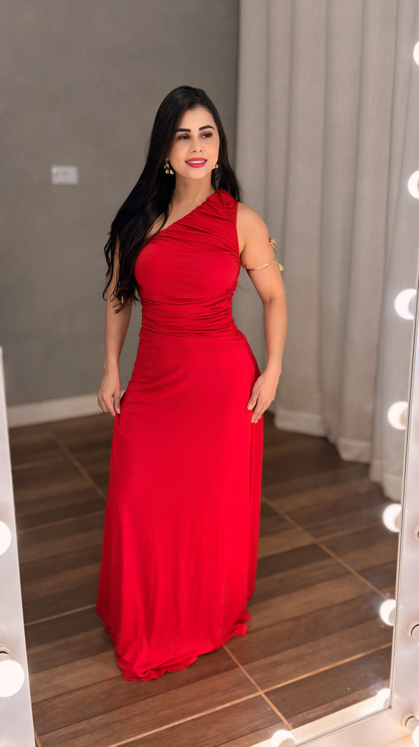 Vestido Longo Celebration e Festa Mula Manca em Poliamida Fluid | Decote Um Ombro Só com Bojo e Tronco Drapeado Modelador