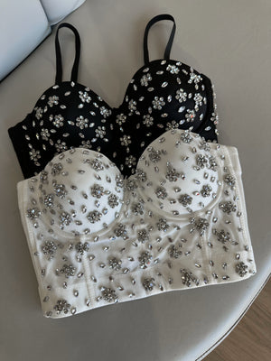Cropped Corset Kristal Noite | Tecido Bandagem Importado com Pedrarias e Strass