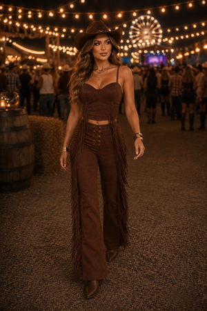 Conjunto Western Lara Luxo | Cropped com Aro Estruturado e Calça Flare com Ilhós e Franjas em Suede