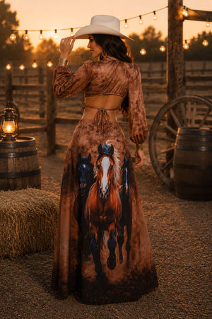 Vestido Longo Western Arizona | Tecido Fluity Poliamida Manga Longa com Bojo e Estampa Cavalo Marrom