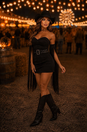Vestido Western Texana Luxo | Suede Premium Tomara-que-Caia com Cinto e Franjas