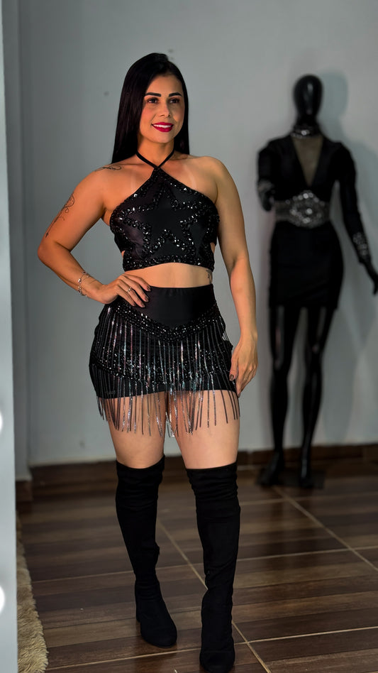 Conjunto Estrela Black – Prada com Bordado Manual e Pedrarias