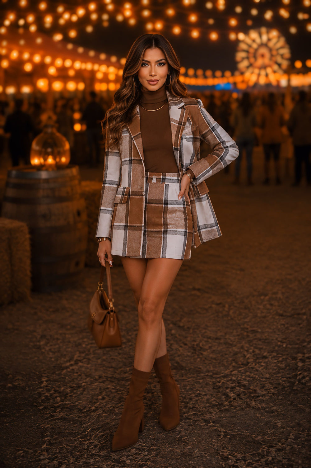 Conjunto Western Luxo | Blazer Estruturado e Short Saia em Tecido Flanelado Xadrez
