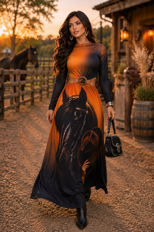 Vestido Western Chic Cavalo de Fogo em Poliamida Fluity | Modelo Longo Manga Longa com Argola Central, Recorte Cut-Out, Bojo e Estampa Exclusiva