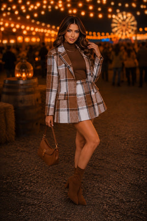 Conjunto Western Luxo | Blazer Estruturado e Short Saia em Tecido Flanelado Xadrez