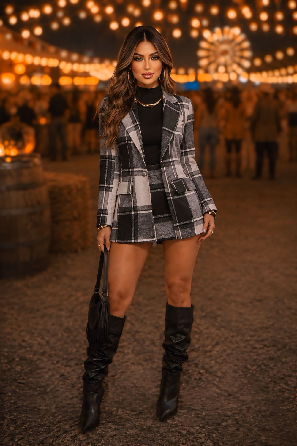 Conjunto Western Luxo | Blazer Estruturado e Short Saia em Tecido Flanelado Xadrez