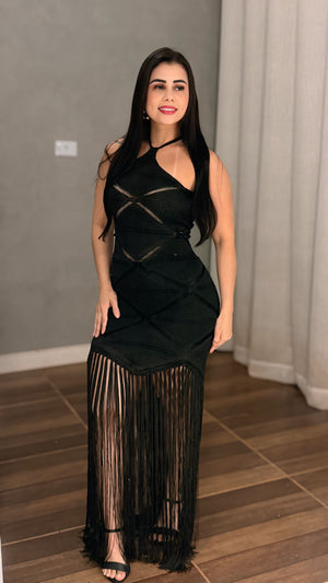 Vestido Longo Luxo em Tricô de Fio Rayon | Decote Frente Única sem Bojo, Costas Trançadas com Amarração, Short Interno e Franjas Longas