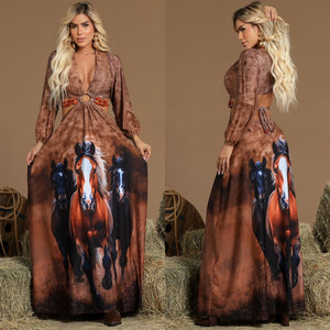 Vestido Longo Western Arizona | Tecido Fluity Poliamida Manga Longa com Bojo e Estampa Cavalo Marrom
