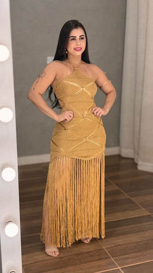 Vestido Longo Luxo em Tricô de Fio Rayon | Decote Frente Única sem Bojo, Costas Trançadas com Amarração, Short Interno e Franjas Longas