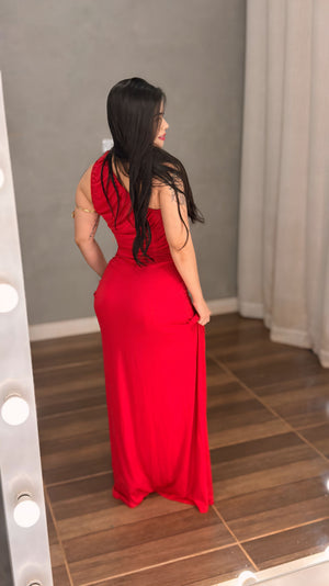 Vestido Longo Celebration e Festa Mula Manca em Poliamida Fluid | Decote Um Ombro Só com Bojo e Tronco Drapeado Modelador