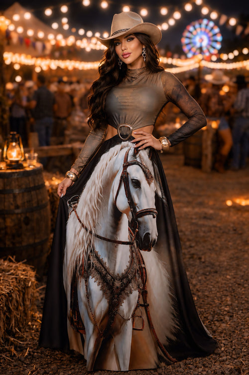 Vestido Longo Western Arizona | Tecido Fluity Poliamida Manga Longa com Bojo e Estampa Cavalo Branco