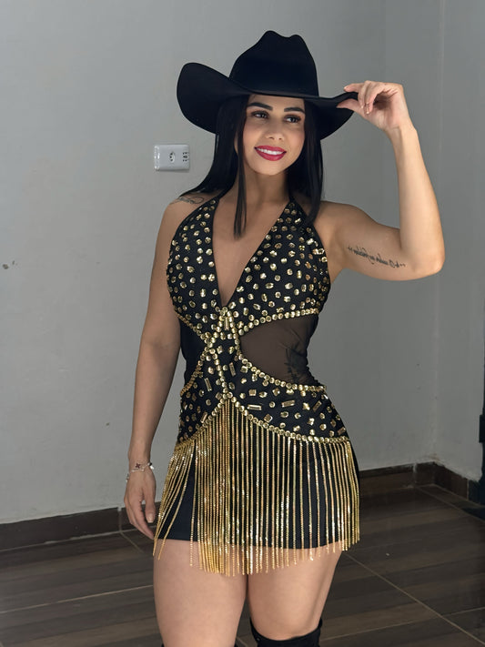 Vestido Simone – Pedrarias Douradas com Franja | Bojo | Tamanho Único 38 ao 44