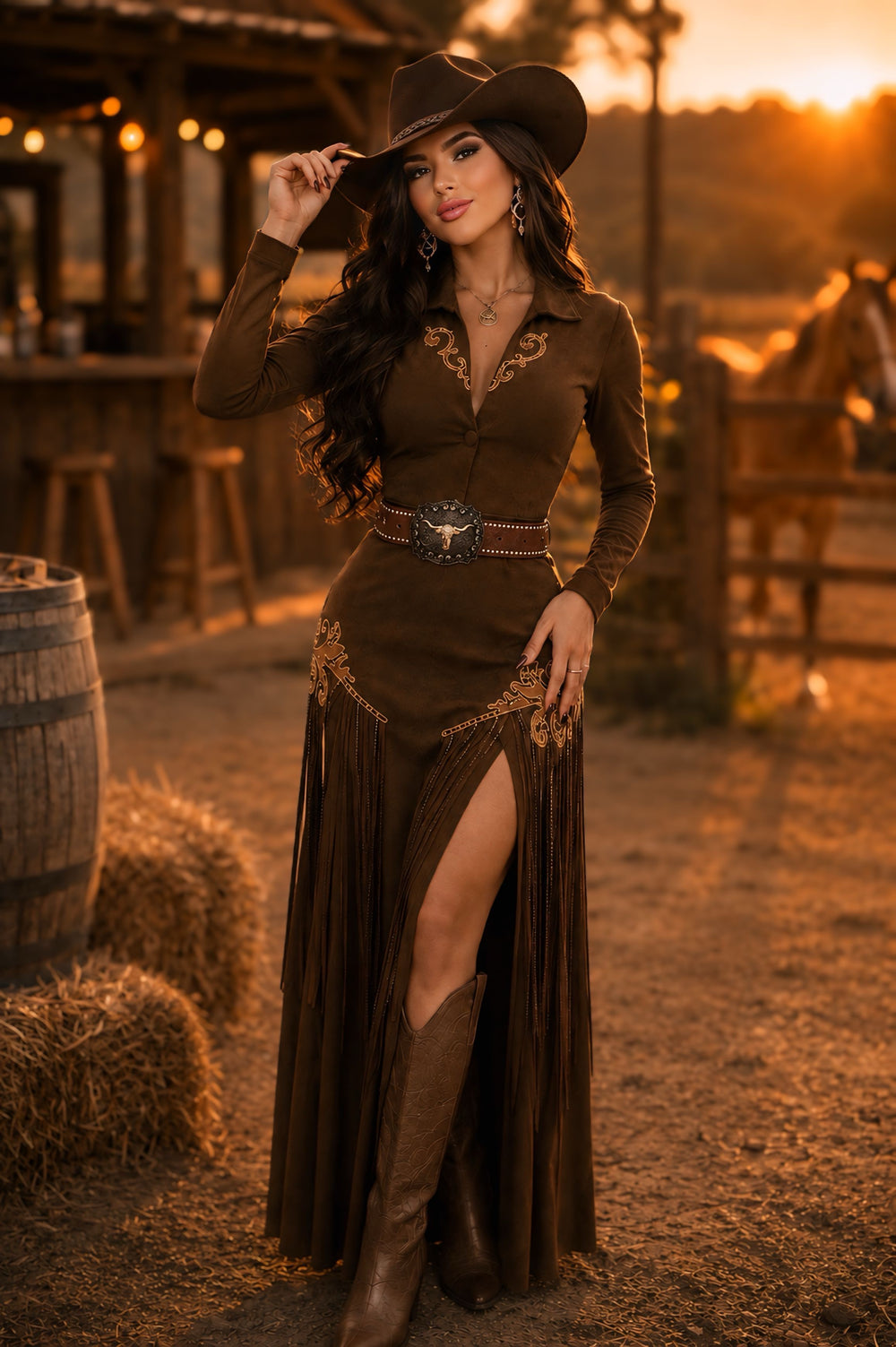 Conjunto Western Arizona Luxo | Cropped Blazer com Botões e Saia Longa de Suede Scuba com Bordados e Corrente de Strass