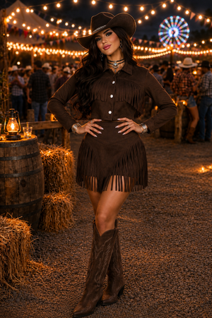 Conjunto Western Dallas Luxo | Jaqueta Cropped com Botões  e Short Saia em Suede Premium com Franjas