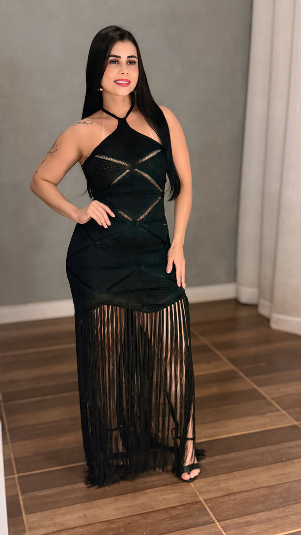 Vestido Longo Luxo em Tricô de Fio Rayon | Decote Frente Única sem Bojo, Costas Trançadas com Amarração, Short Interno e Franjas Longas
