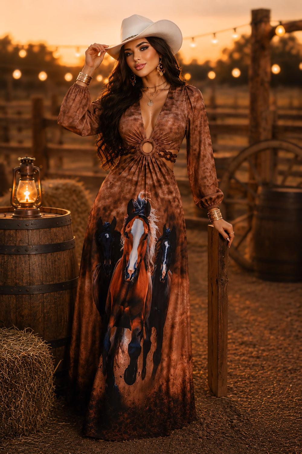 Vestido Longo Western Arizona | Tecido Fluity Poliamida Manga Longa com Bojo e Estampa Cavalo Marrom