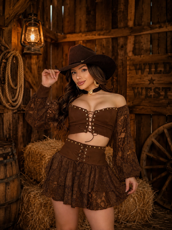 Pre venda envio 16-06 terça feira Conjunto Western Luxo | Cropped com Bojo e Short Saia em Suede Premium com Renda