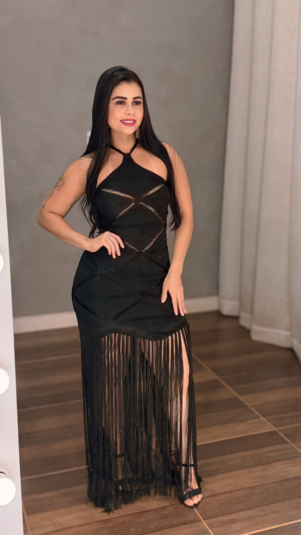 Vestido Longo Luxo em Tricô de Fio Rayon | Decote Frente Única sem Bojo, Costas Trançadas com Amarração, Short Interno e Franjas Longas