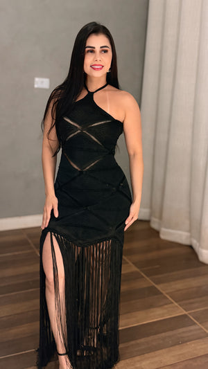 Vestido Longo Luxo em Tricô de Fio Rayon | Decote Frente Única sem Bojo, Costas Trançadas com Amarração, Short Interno e Franjas Longas