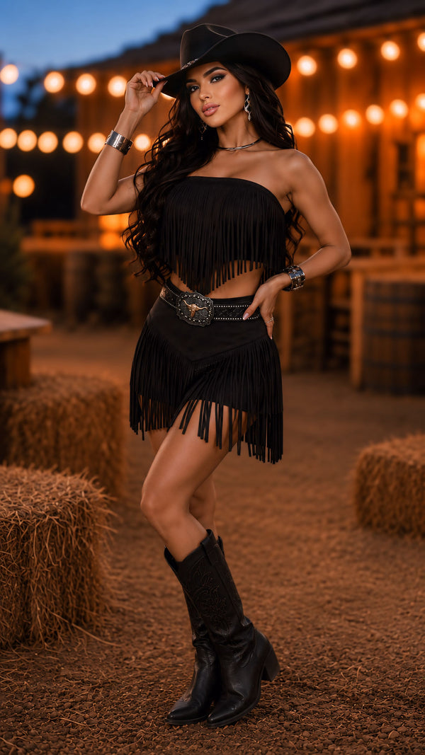 Conjunto Western Suede Preto | Cropped Tomara que Caia com Franjas e Short Cós Alto com Zíper Posterior
