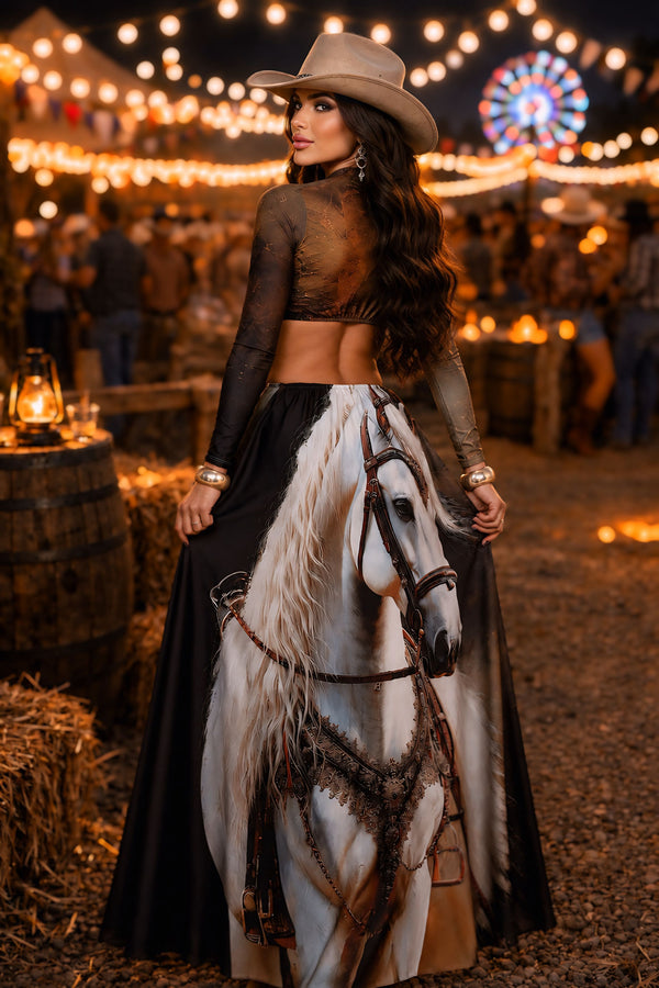 Vestido Longo Western Arizona | Tecido Fluity Poliamida Manga Longa com Bojo e Estampa Cavalo Branco