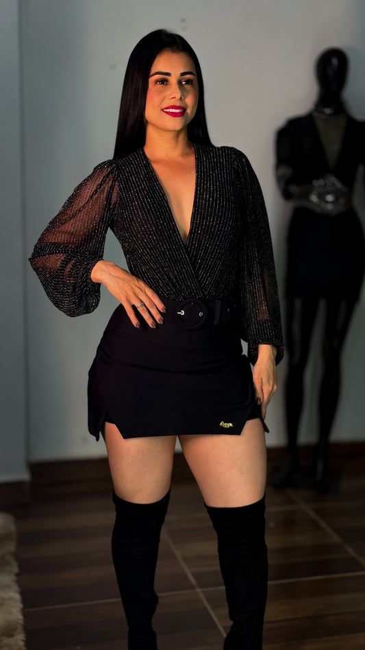 Body Luz Tule com Lurex Preto – Glamour e Conforto