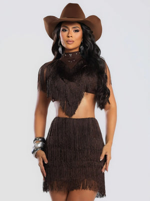 Conjunto Western Texas Luxo | Gola Choker de Sarja com Aplicação de Pedrarias e Saia com Camadas de Franjas