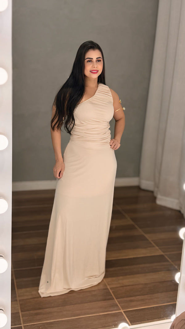 Vestido Longo Celebration e Festa Mula Manca em Poliamida Fluid | Decote Um Ombro Só com Bojo e Tronco Drapeado Modelador