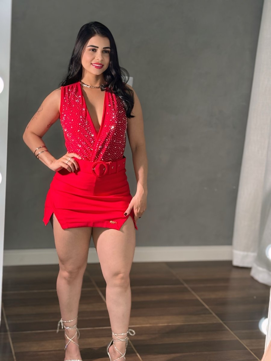 Body Tule com Brilho manga curta | Decote V, Bojo - Preciosa by Catiuse Daniela