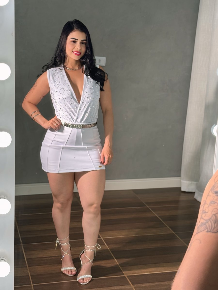 Body Tule com Brilho manga curta | Decote V, Bojo - Preciosa by Catiuse Daniela