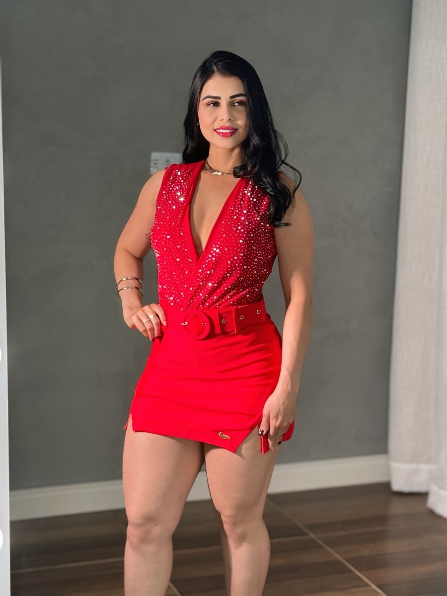 Body Tule com Brilho manga curta | Decote V, Bojo - Preciosa by Catiuse Daniela