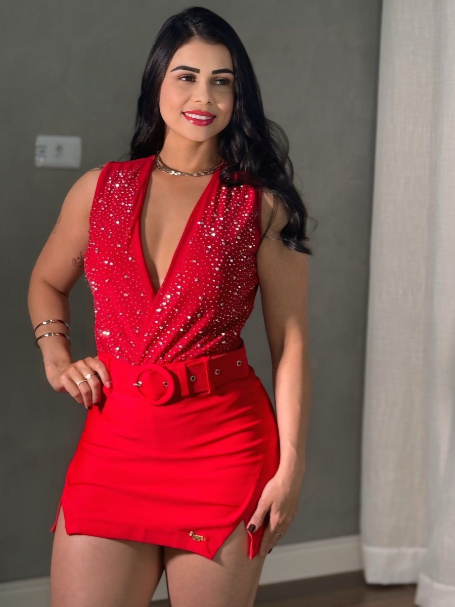 Body Tule com Brilho manga curta | Decote V, Bojo - Preciosa by Catiuse Daniela