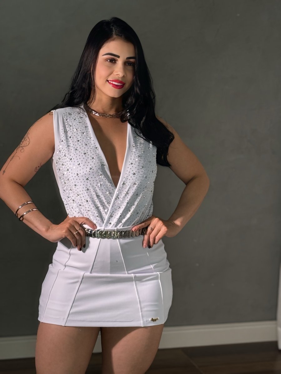 Body Tule com Brilho manga curta | Decote V, Bojo - Preciosa by Catiuse Daniela